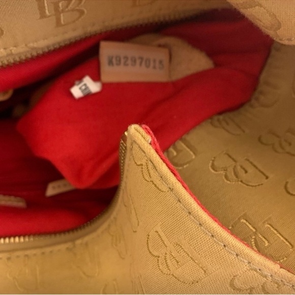 Dooney & Bourke Vintage Tan Canvas Signature Hobo Bag with red interior - Picture 8 of 12